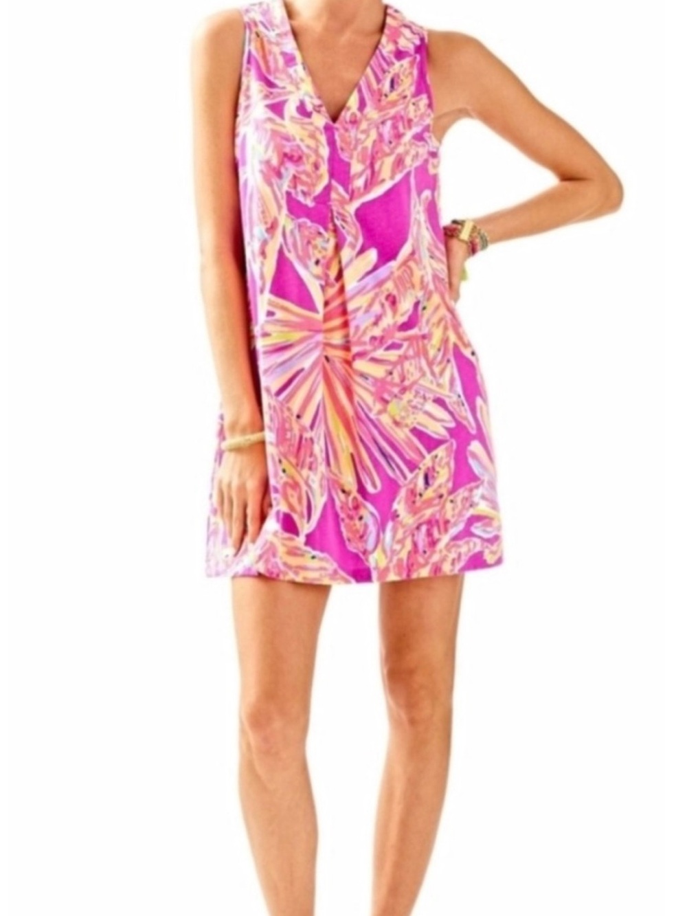 Lilly Pulitzer Pink & Yellow Printed V-Neck Shift Dress